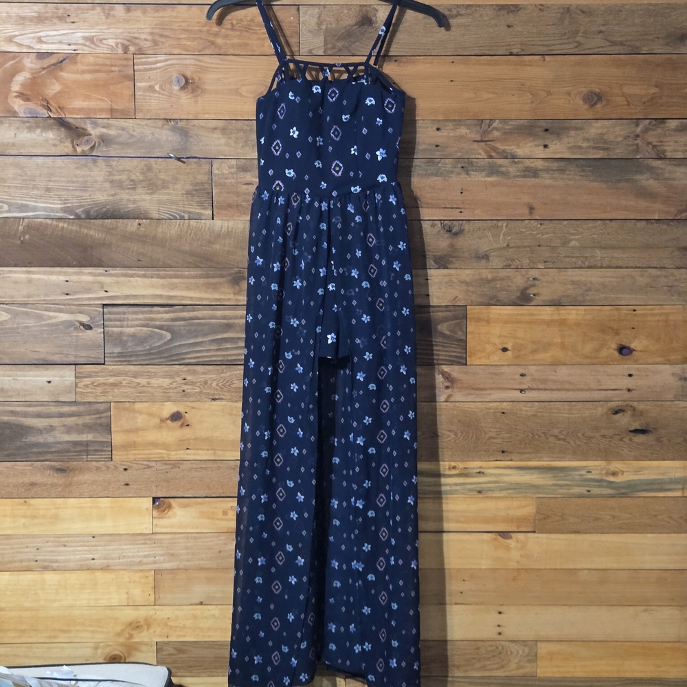 Floral Romper Dress Sheer Overlay Open Front Maxi Look Smocked Back Boho